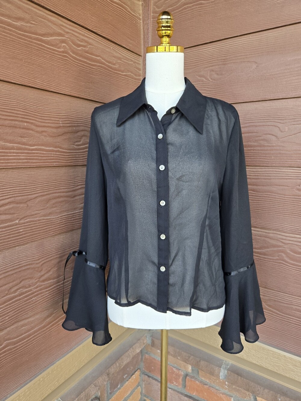 Bentley Arbuckle Sheer Black Button Blouse w/ Ribbon-Trim Sleeves – Size Medium